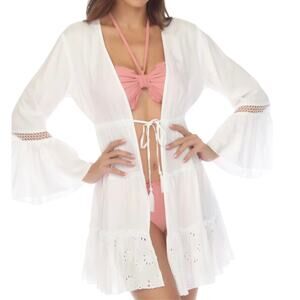 Raviya Women’s Lace Inset Eyelet Flounce Swimsuit Cover Up White Size 1X